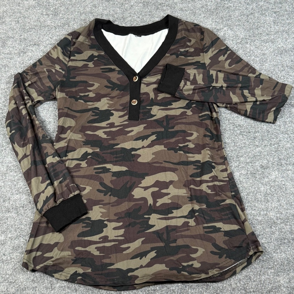 Camo Medium Long Sleeve Henley Shirt Casual Button Up Pajama Top Fall Fashion